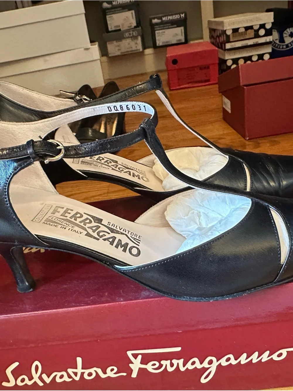 Salvatore Ferragamo Black Leather T-Strap Pointed Pumps